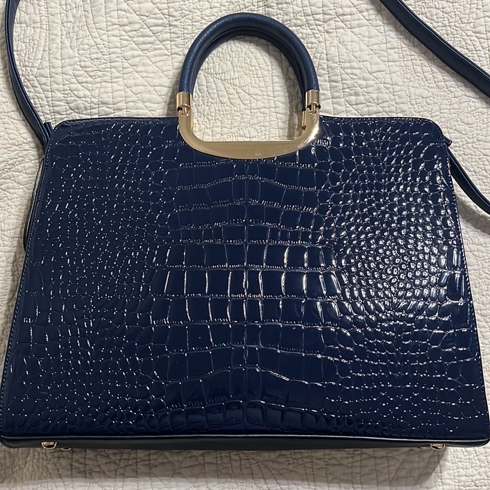 Dasein navy and gold patent leather work bag